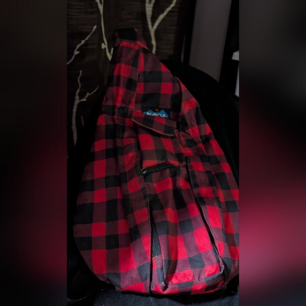 KAVU Plaid Rope Bag Americana Sling Backpack Crossbody, Red, EUC